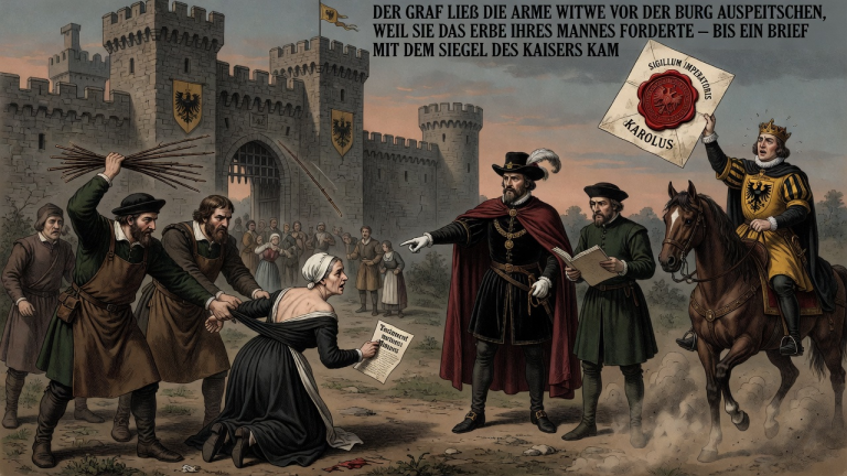 DER GRAF LIEẞ DIE ARME WITWE VOR DER BURG AUSPEITSCHEN, WEIL SIE DAS ERBE IHRES MANNES FORDERTE — BIS EIN BRIEF MIT DEM SIEGEL DES KAISERS KAM