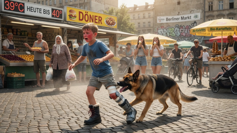 BEI FAST 40 GRAD LIEF DER KLEINE JUNGE IN WINTERSTIEFELN ÜBER DEN BERLINER MARKTPLATZ — BIS EIN SCHÄFERHUND AN SEINEM HOSENBEIN ZOG UND ALLE SAHEN WARUM ER SIE NIE AUSZOG.