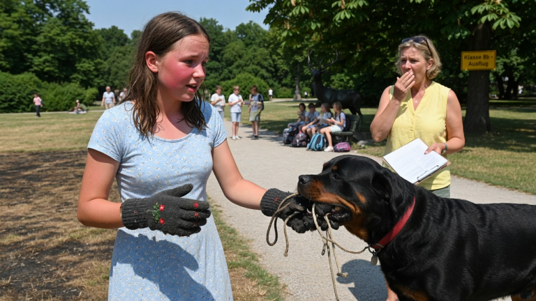 DAS MÄDCHEN TRUG BEI BRENNENDER HITZE DICKE HANDSCHUHE IM MÜNCHNER PARK UND SAGTE SIE FRIERE — DOCH DER ROTTWEILER LIEẞ IHRE HAND NICHT LOS BIS DIE LEHRERIN HINSAH.