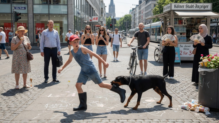 BEI DER HITZEWELLE IN KÖLN LIEF EIN JUNGE IN ZU GROẞEN STIEFELN DURCH DIE FUẞGÄNGERZONE — BIS EIN DOBERMANN EINEN STIEFEL PACKTE UND DIE GANZE STRAẞE VERSTUMMTE.