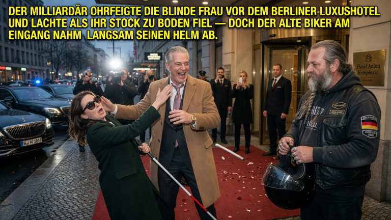 DER MILLIARDÄR OHRFEIGTE DIE BLINDE FRAU VOR DEM BERLINER LUXUSHOTEL UND LACHTE ALS IHR STOCK ZU BODEN FIEL — DOCH DER ALTE BIKER AM EINGANG NAHM LANGSAM SEINEN HELM AB.