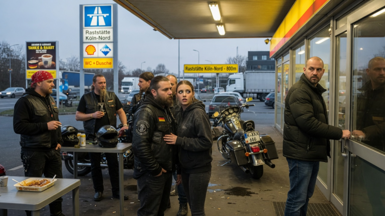 AN DER RASTSTÄTTE BEI KÖLN STELLTE SICH EIN MÄDCHEN NEBEN EINE GRUPPE BIKER UND FLÜSTERTE: „WENN ER FRAGT GEHÖRE ICH ZU EUCH“ — DANN ZEIGTE SIE MIT DEN AUGEN AUF DEN MANN AN DER TÜR.