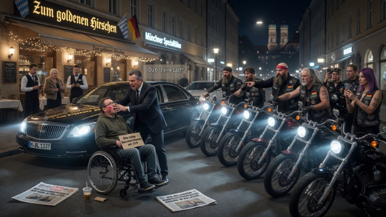 DER MILLIARDÄR OHRFEIGTE DEN MANN IM ROLLSTUHL VOR DEM MÜNCHNER RESTAURANT UND NANNTE IHN EINE LAST — DOCH DRAUẞEN STELLTEN SICH ZWÖLF BIKER QUER VOR SEINEN WAGEN.