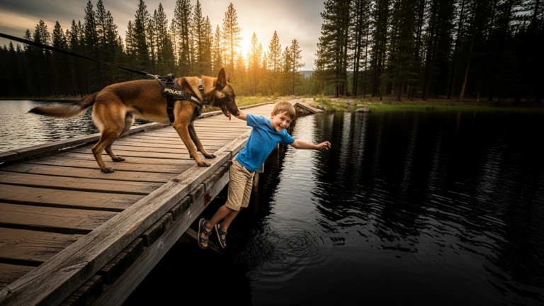 MEIN K9-HUND STIESS DEN JUNGEN VON DER HOLZBRÜCKE AM KÖNIGSSEE WEG … GENAU ALS SICH DAS WASSER DARUNTER AUF SELTSAME WEISE SCHWARZ ZU DREHEN BEGANN.