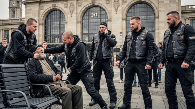 DER SCHLÄGER OHRFEIGTE DEN OBDACHLOSEN ALTEN MANN VOR DEM BAHNHOF IN BERLIN, WEIL ER DIE WARTEBANK NICHT VERLASSEN WOLLTE. EINE VORBEIFAHRENDE BIKERGRUPPE WENDETE SOFORT, DRÜCKTE IHN AUF DEN BODEN UND HIELT IHN FEST, BIS DIE POLIZEI EINTRAF.