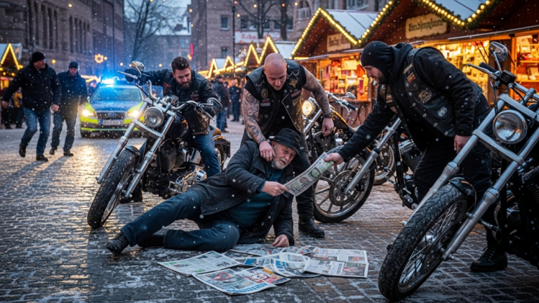 DIE SCHUTZGELDERPRESSER STIESSEN DEN ALTEN ZEITUNGSVERKÄUFER AUF DEM NÜRNBERGER WEIHNACHTSMARKT IN DEN SCHNEE. EINE FREMDE BIKERGRUPPE UMRINGTE SIE SOFORT, ZWANG SIE, DAS GELD ZURÜCKZUGEBEN, UND LIEẞ SIE STEHEN BLEIBEN, BIS DIE POLIZEI KAM.