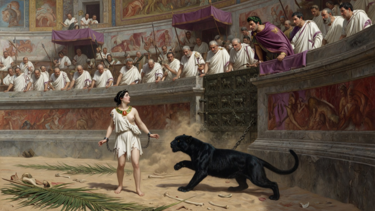 DIE STUMME SKLAVIN MUSSTE IN DER VENATIO VOR EINEN SCHWARZEN PANTHER TRETEN — DOCH ALS SICH DAS BRONZETOR VON SELBST SCHLOSS UND DER KAISER IHR GEHEIMES HALSBAND SAH, SENKTEN DIE SENATOREN DEN BLICK…