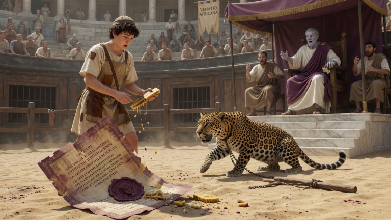 DER JUNGE SCHREIBERLEHRLING STAND IN DER VENATIO VOR EINEM LEOPARDEN AUS AFRICA — DOCH ALS SEINE WACHSTAFEL ZERBRACH UND EINE ALTE KAISERLICHE URKUNDE IN DEN SAND GLITT, VERLOR DER OBERSTE RICHTER JEDE FARBE IM GESICHT…