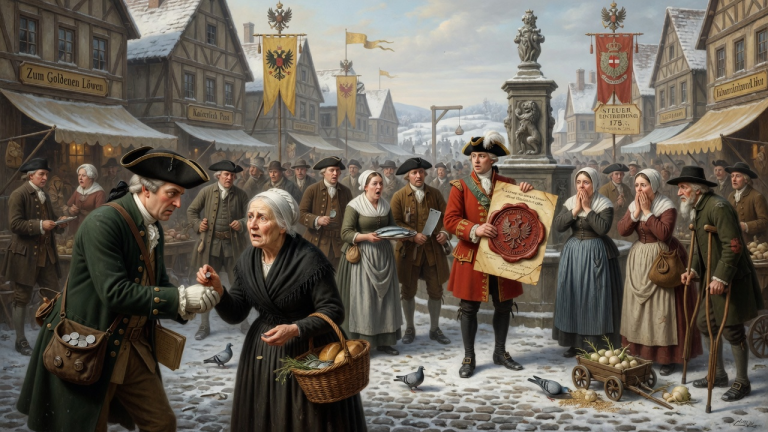DER STEUEREINTREIBER RISS DER ARMEN WITWE DEN LETZTEN SILBERPFENNIG AUS DER HAND — DOCH ALS DER KAISERLICHE BOTE IHR ALTES SIEGEL SAH, WURDE DER MARKTPLATZ STILL