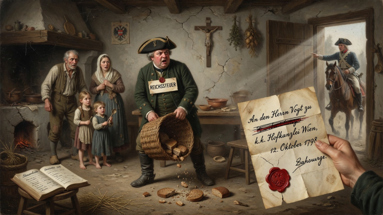 DER VOGT LEERTE DEN BROTKORB DER BAUERNFAMILIE UND NANNTE ES REICHSSTEUER — BIS EIN VERSTAUBTER BRIEF AUS WIEN SEINEN NAMEN VERLAS