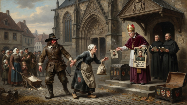 DER ZEHNTKNECHT ZERRTE DIE ALTE MÜLLERSFRAU VOR DIE KIRCHE, WEIL SIE KEINEN ZEHNT ZAHLEN KONNTE — DOCH DER FÜRSTBISCHOF ERKANNTE IHREN TOTEN SOHN