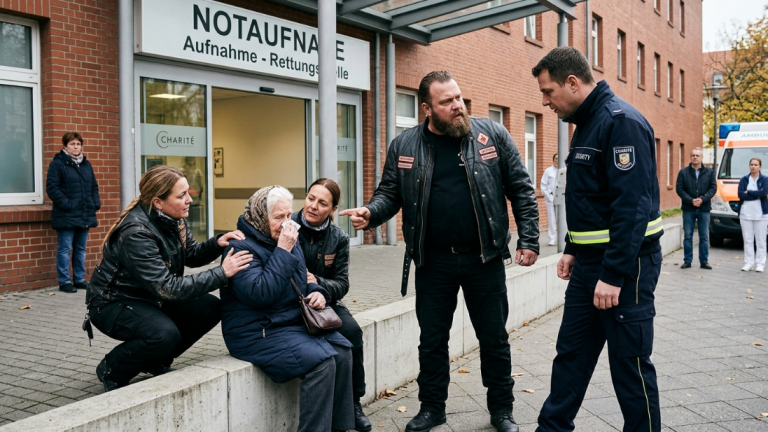 DER WACHMANN DES CHARITÉ-KRANKENHAUSES STIESS DIE ALTE FRAU AUS DEM FLUR, WEIL SIE IMMER WIEDER NACH EINEM ANGEHÖRIGEN FRAGTE. EINE BIKERGRUPPE, DIE ZUM BLUTSPENDEN GEKOMMEN WAR, SAH ES, HALF IHR AUF UND ZWANG IHN, SICH DIREKT VOR DER NOTAUFNAHME ZU ENTSCHULDIGEN.