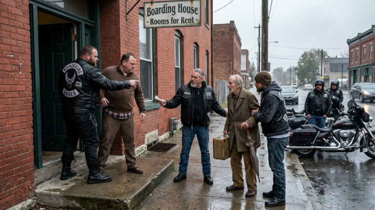 DER PENSIONSBESITZER STIESS DEN ALTEN MANN BEI REGEN AUS DER TÜR, WEIL IHM EINE WOCHE MIETE FEHLTE. EINE VORBEIFAHRENDE BIKERGRUPPE HIELT AN, ZERRTE IHN VON DER SCHWELLE WEG UND ZWANG IHN, SICH BEIM ALTEN MANN ZU ENTSCHULDIGEN. SIE BEZAHLTEN SOGAR EIN HALBES JAHR MIETE FÜR IHN.