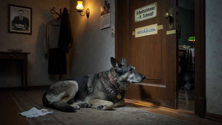 DER ALTE SCHÄFERHUND BLIEB JEDE NACHT VOR DEM VERSCHLOSSENEN ARBEITSZIMMER SEINES VERSTORBENEN HERRCHENS LIEGEN — BIS DIE WITWE BEGRIFF DASS ER DEN GERUCH EINER FREMDEN PERSON DARIN WIEDERERKANNTE.