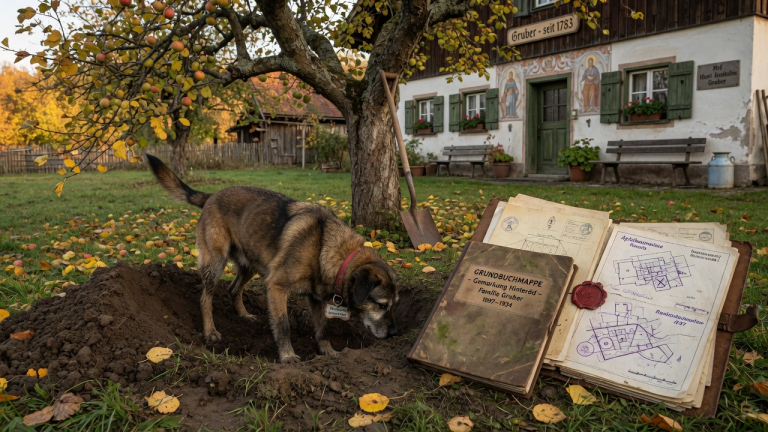 DER HOFHUND EINER ALTEN FAMILIE GRUB IMMER WIEDER UNTER DEMSELBEN APFELBAUM IN BAYERN — BIS DORT DIE FEHLENDE GRUNDBUCHMAPPE AUFTAUCHTE.