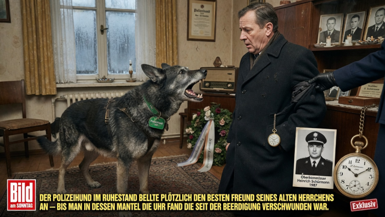 DER POLIZEIHUND IM RUHESTAND BELLTE PLÖTZLICH DEN BESTEN FREUND SEINES ALTEN HERRCHENS AN — BIS MAN IN DESSEN MANTEL DIE UHR FAND DIE SEIT DER BEERDIGUNG VERSCHWUNDEN WAR.