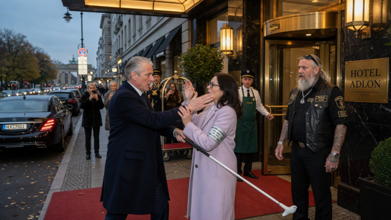 DER MILLIARDÄR OHRFEIGTE DIE BLINDE FRAU VOR DEM BERLINER LUXUSHOTEL UND SCHLUG IHR DEN STOCK AUS DER HAND — DOCH DER ALTE BIKER AM EINGANG KANNTE DEN NAMEN AUF IHREM ARMBAND.