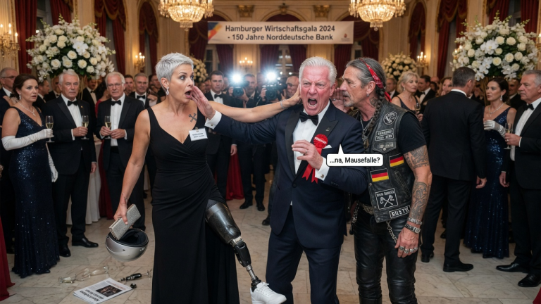 DER MILLIARDÄR OHRFEIGTE DIE FRAU MIT BEINPROTHESE MITTEN AUF DER HAMBURGER GALA UND NANNTE SIE PEINLICH — DOCH DIE BIKERIN HINTER IHM FLÜSTERTE NUR EINEN ALTEN SPITZNAMEN.