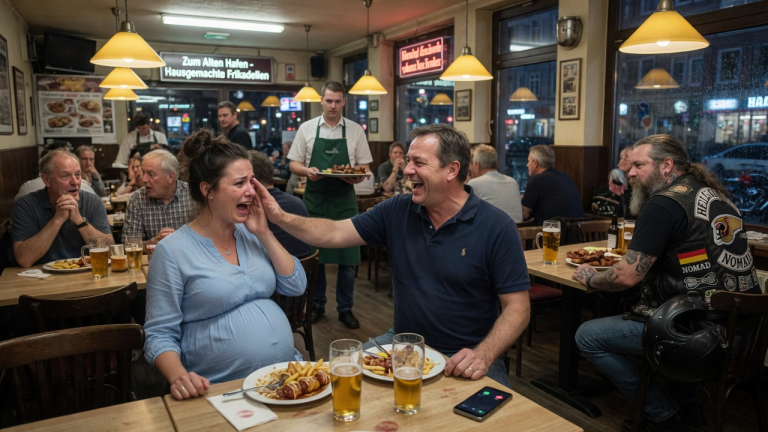DER MANN MIT DEM EHERING OHRFEIGTE DIE SCHWANGERE FRAU IM HAMBURGER RESTAURANT UND LACHTE ALS SIE UM HILFE BAT — DOCH AM LETZTEN TISCH HÖRTE EIN BIKER DEN NAMEN DEN SIE FLÜSTERTE.