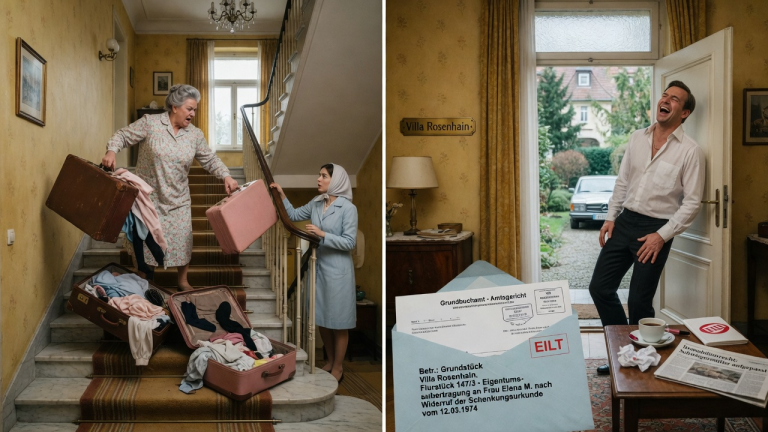 DIE SCHWIEGERMUTTER WARF DIE KOFFER DER SCHWIEGERTOCHTER DIE TREPPE DER VILLA HINUNTER UND IHR MANN LACHTE LAUT AN DER TÜR — DOCH AM NÄCHSTEN MORGEN KAM EIN BRIEF VOM GRUNDBUCHAMT.