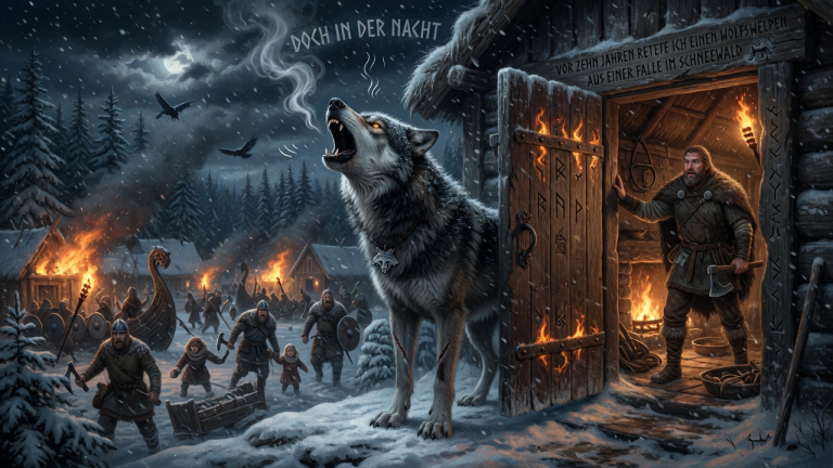 VOR ZEHN JAHREN RETTETE ICH EINEN WOLFSWELPEN AUS EINER FALLE IM SCHNEEWALD — DOCH IN DER NACHT ALS DIE WIKINGER MEIN DORF ÜBERFIELEN STAND DERSELBE LEITWOLF VOR MEINER TÜR UND HEULTE DREIMAL.