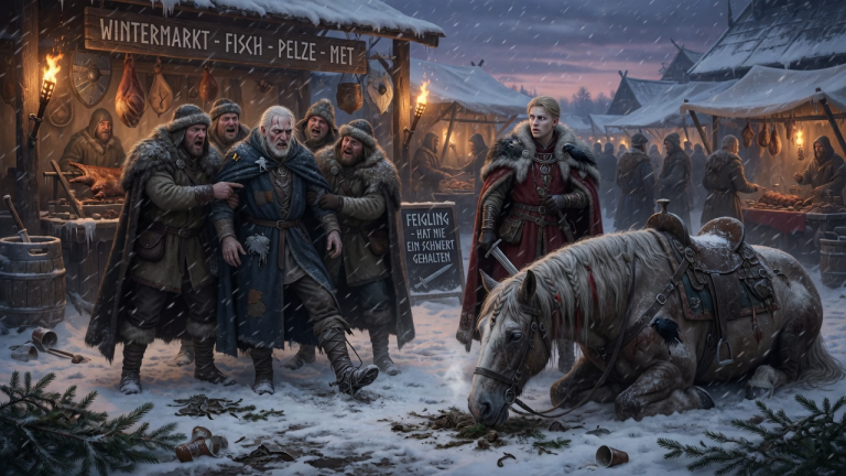 SIE ZERRTEN DEN HINKENDEN ALTEN MANN AUF DEN WINTERMARKT UND NANNTEN IHN EINEN FEIGLING DER NIE EIN SCHWERT GEHALTEN HATTE — DOCH ALS SEIN ALTES KRIEGSPFERD VOR IHM NIEDERKNIETE WURDE DER SOHN DES JARLS KREIDEBLEICH.