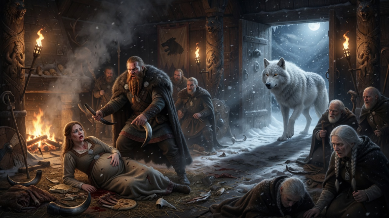 DER JARL SCHLUG DIE SCHWANGERE FRAU BEIM WINTERFEST UND VERLANGTE DASS IHR UNGEBORENES KIND DEM CLAN GENOMMEN WIRD — DOCH ALS DER WEIẞE WOLF AUS DEM WALD IN DIE HALLE TRAT KNIETEN DIE ALTEN ZUERST.