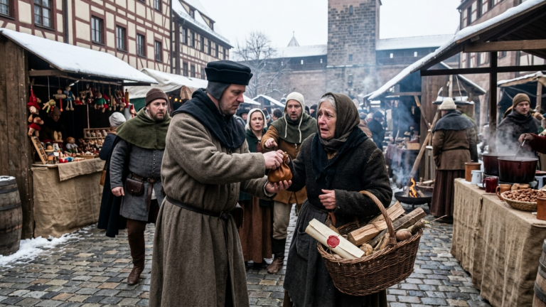 DER STEUEREINTREIBER SCHLUG DIE ARME WITWE AUF DEM NÜRNBERGER WINTERMARKT UND RISS IHR DEN LETZTEN MÜNZBEUTEL AUS DER HAND — DOCH IN IHREM KORB LAG EIN KAISERLICHES SCHREIBEN DAS ER NIE HÄTTE BERÜHREN DÜRFEN.