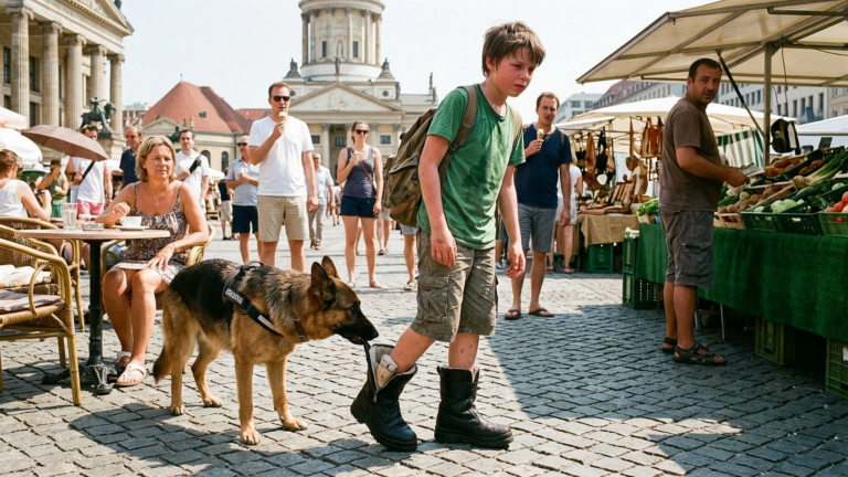 BEI FAST 40 GRAD IN BERLIN HINKTE DER JUNGE NOCH IMMER IN SCHWEREN WINTERSTIEFELN ÜBER DEN MARKTPLATZ — BIS DER SCHÄFERHUND DEN REISSVERSCHLUSS FESTHIELT UND ALLE SAHEN, WARUM ER SIE NICHT AUSZIEHEN DURFTE.