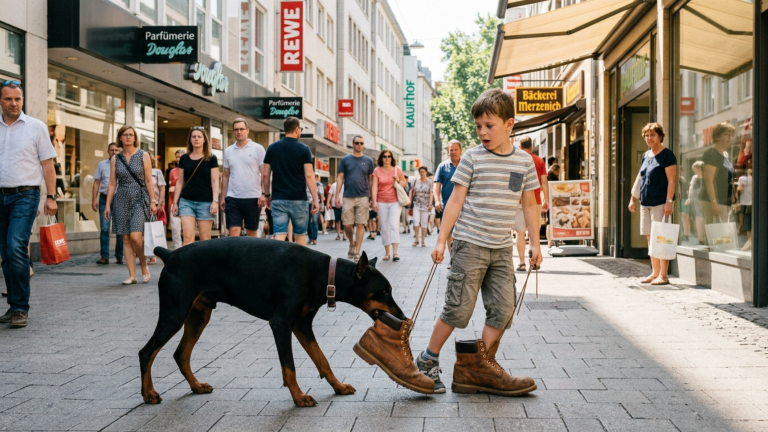 WÄHREND DER HITZEWELLE IN KÖLN SCHLEPPTE DER JUNGE VIEL ZU GROSSE STIEFEL DURCH DIE EINKAUFSSTRASSE, ALS WÜRDE ER ETWAS VERBERGEN — BIS DER DOBERMANN EINEN STIEFEL PACKTE UND DIE GANZE STRASSE VERSTUMMTE.