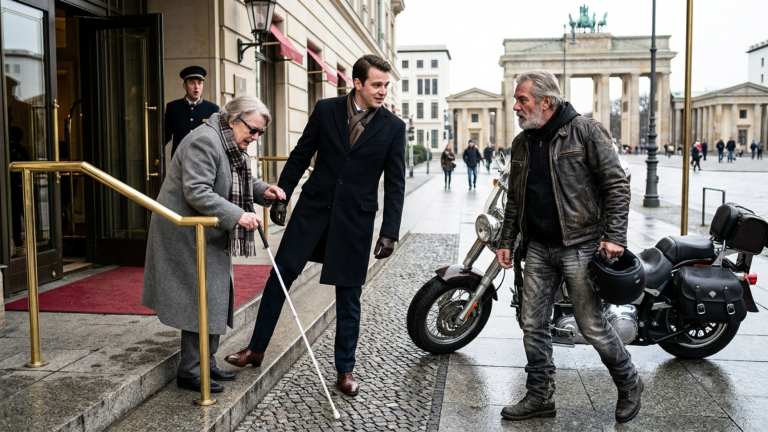 DER REICHE MANN STIESS DEN STOCK DER BLINDEN FRAU AUF DIE STUFEN EINES LUXUSHOTELS IN BERLIN UND VERSPOTTETE SIE — DOCH DER ALTE BIKER AM EINGANG NAHM PLÖTZLICH SEINEN HELM AB UND SAH IHM DIREKT IN DIE AUGEN.