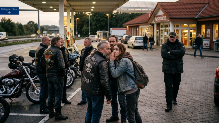 AN EINER RASTSTÄTTE BEI KÖLN DRÄNGTE SICH DAS MÄDCHEN ZWISCHEN EINE GRUPPE BIKER UND FLÜSTERTE: „WENN ER FRAGT, SAGT BITTE, ICH GEHÖRE ZU EUCH“ — DANN WANDERTE IHR BLICK ZU DEM MANN, DER DEN AUSGANG BLOCKIERTE.