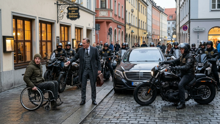 DER WOHLHABENDE GESCHÄFTSMANN STIESS DEN MANN IM ROLLSTUHL VOR EINEM RESTAURANT IN MÜNCHEN BEISEITE UND NANNTE IHN EINE LAST — DOCH SEKUNDEN SPÄTER BLOCKIERTEN ZWÖLF MOTORRÄDER SEINEN WAGEN.