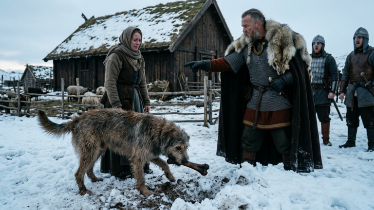 DER JARL BESCHULDIGTE DIE WITWE, SEINEN BRUDER VERRATEN ZU HABEN, UM AUCH NOCH IHREN HOF AN SICH ZU REISSEN — BIS IHR ALTER HUND UNTER DEM SCHNEE EIN KNOCHENSTÜCK MIT DEM ZEICHEN SEINER SIPPPE AUSGRUB.