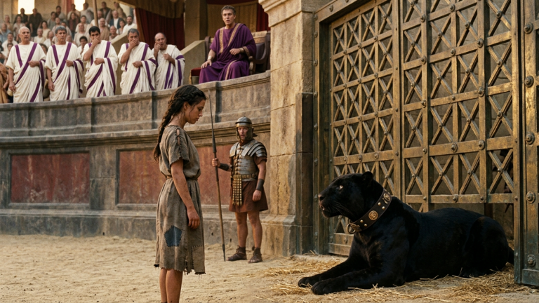 DIE STUMME SKLAVIN WURDE IN DER VENATIO VOR EINEN SCHWARZEN PANTHER GEZWUNGEN, DER HINTER DEM BRONZETOR KNURRTE — DOCH ALS DAS TIER SICH VOR IHR NIEDERLEGTE UND DER KAISER DAS RÖMISCHE HALSBAND SAH, WICHEN ALLE SENATOREN IHREM BLICK AUS.