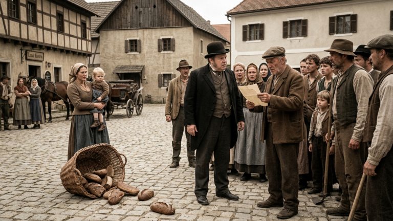 DER VERWALTER KIPPTE DEN BROTKORB DER BAUERNFAMILIE AUF DIE STRASSE UND NANNTE ES DIE STEUER DES REICHES — BIS EIN VERSTAUBTER BRIEF AUS WIEN VORGELESEN WURDE UND DARIN SEIN EIGENER NAME STAND.