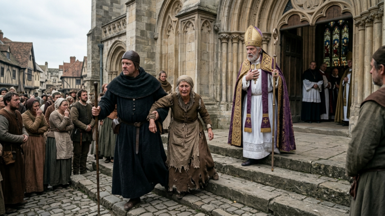DER ZEHNTKNECHT ZERRTE DIE ALTE MÜLLERSFRAU VOR DIE KIRCHE, WEIL SIE KEIN GETREIDE MEHR ABGEBEN KONNTE — DOCH ALS DER BISCHOF IHREN NAMEN HÖRTE, ERKANNTE ER SIE ALS DIE MUTTER DES MANNES, DER IHM EINST DAS LEBEN GERETTET HATTE.