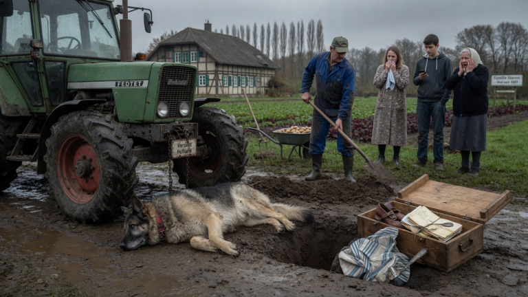 DER ALTE HOFHUND LEGTE SICH VOR DEN TRAKTOR IN NIEDERSACHSEN — DOCH ALS DER BAUER DEN BODEN DARUNTER AUFGRUB, VERSTUMMTE DIE GANZE FAMILIE.