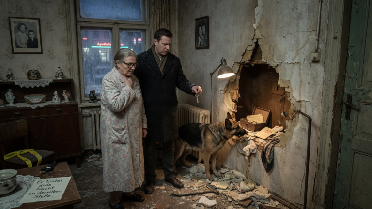 DER SCHÄFERHUND KRATZTE JEDE NACHT AN DERSELBEN WAND IM HAUS DER ALTEN FRAU IN BERLIN — DOCH ALS DER HANDWERKER DEN PUTZ AUFSCHLUG, LIEẞ IHR SOHN WORTLOS DEN SCHLÜSSEL FALLEN.