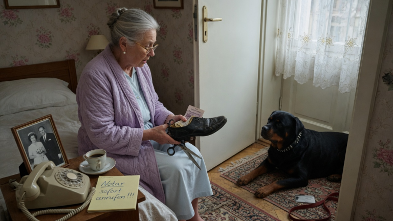 DER ROTTWEILER LEGTE JEDEN MORGEN DENSELBEN ALTEN SCHUH VOR DIE SCHLAFZIMMERTÜR DER WITWE IN MÜNCHEN — DOCH ALS SIE ENDLICH IN DIE SOHLE SCHNITT, RIEF SIE SOFORT DEN NOTAR AN.