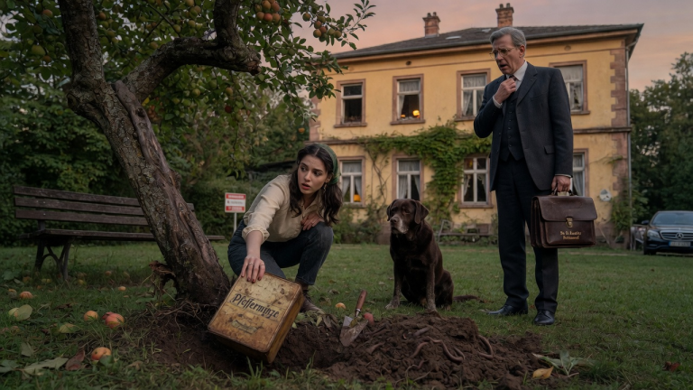 DER LABRADOR GRUB JEDEN ABEND UNTER DEMSELBEN APFELBAUM HINTER DER VILLA IN FRANKFURT — DOCH ALS DIE TOCHTER DIE ROSTIGE DOSE AUS DER ERDE ZOG, WURDE DER FAMILIENANWALT STILL.