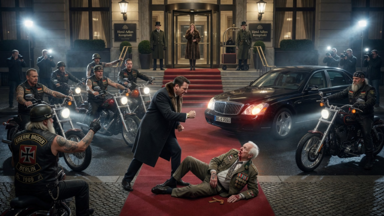 DER MILLIARDÄR SCHLUG DEN 83-JÄHRIGEN VETERANEN VOR DEM LUXUSHOTEL IN BERLIN ZU BODEN — DOCH ALS ZWÖLF BIKER VORFUHREN UND DER ALTE MANN SEINEN ÄRMEL HOB, WURDE DER EINGANG PLÖTZLICH STILL.