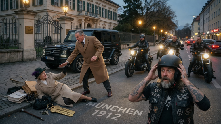 DER IMMOBILIEN-MILLIARDÄR STIEẞ DIE ALTE WITWE IN MÜNCHEN VOR IHR EIGENES HAUS AUF DIE STRAẞE — DOCH ALS DER ANFÜHRER DER BIKER DEN NAMEN AUF IHREM SCHLÜSSELBUND SAH, NAHM ER LANGSAM DEN HELM AB.