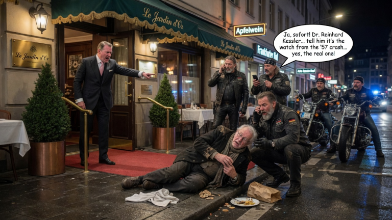 DER MILLIARDÄR WARF DEN ALTEN MANN AUS DEM EDELRESTAURANT IN FRANKFURT AUF DEN GEHWEG — DOCH ALS DIE BIKER SEINE KAPUTTE UHR SAHEN, RIEF EINER VON IHNEN SOFORT EINEN ANWALT AN.