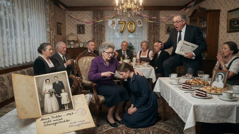 DIE SCHWIEGERMUTTER ZWANG IHRE SCHWIEGERTOCHTER BEIM 70. GEBURTSTAG AUF DIE KNIE — DOCH ALS DIE JUNGE FRAU EIN ALTES FOTO ÖFFNETE, SPRANG DER NOTAR PLÖTZLICH AUF.