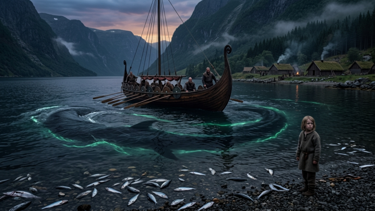 DAS DORF GLAUBTE, DAS KIND HABE DEN FJORD VERFLUCHT, WEIL DIE FISCHE TOT AN LAND TRIEBEN — DOCH UNTER DEM LANGSCHIFF BEWEGTE SICH ETWAS RIESIGES…