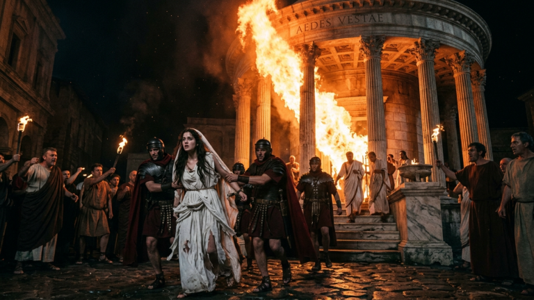 SIE SAGTEN, DAS MÄDCHEN HABE DIE HEILIGE FLAMME BESCHMUTZT UND ZERRTEN SIE AUS DEM TEMPEL DER VESTA — DOCH HINTER IHR SCHOSS DAS FEUER BIS ZUM DACH HINAUF…