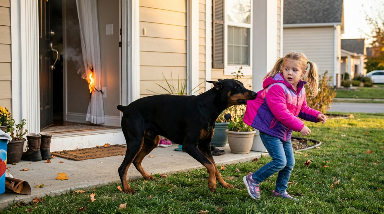 Alle verurteilen den Dobermann als zu gefährlich, als sie sehen, wie er das fünfjährige Mädchen mit aller Kraft von der Haustür wegzerrt. Doch dann bemerken sie die kleine Flamme, die sich nach einem Kurzschluss in der Wand gerade daranmacht, den Vorhang dahinter zu entzünden. Plötzlich wird klar: Was wie ein „Angriff“ aussah, war in Wahrheit die einzige Möglichkeit für den Hund, sein kleines Frauchen aus dem gefährlichen Raum in Sicherheit zu bring