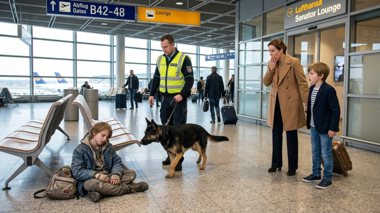 AM FRANKFURTER FLUGHAFEN BRACH EIN KLEINER BETTELJUNGE NEBEN DER WARTEBANK ZUSAMMEN — DOCH ALS EIN SCHÄFERHUND DEN REICHEN JUNGEN AUS DER LOUNGE ZU IHM ZOG ERKANNTE SEINE MUTTER IHREN VERLORENEN ZWILLING.