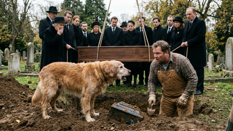 DER ALTE HUND SPRANG WÄHREND DER BEERDIGUNG PLÖTZLICH IN DAS OFFENE GRAB UND LIEẞ NIEMANDEN DEN SARG HINABLASSEN — BIS DER TOTENGRÄBER UNTER DER ERDE ETWAS HARTES FAND.